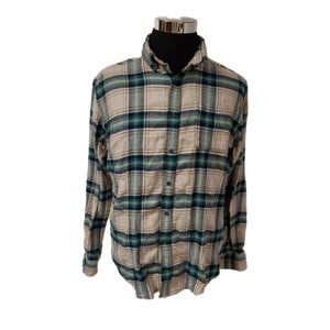 CROFT & BARROW Mens Medium Green Beige Stripe Long Sleeve Button Flannel Shirt